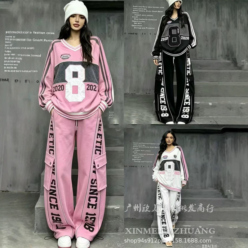 American-Style Fashion Letter-Number Denim Patchwork Loose Long-Sleeve Sweatshirt Top + Elastic Waist Wide-Leg Pants Set