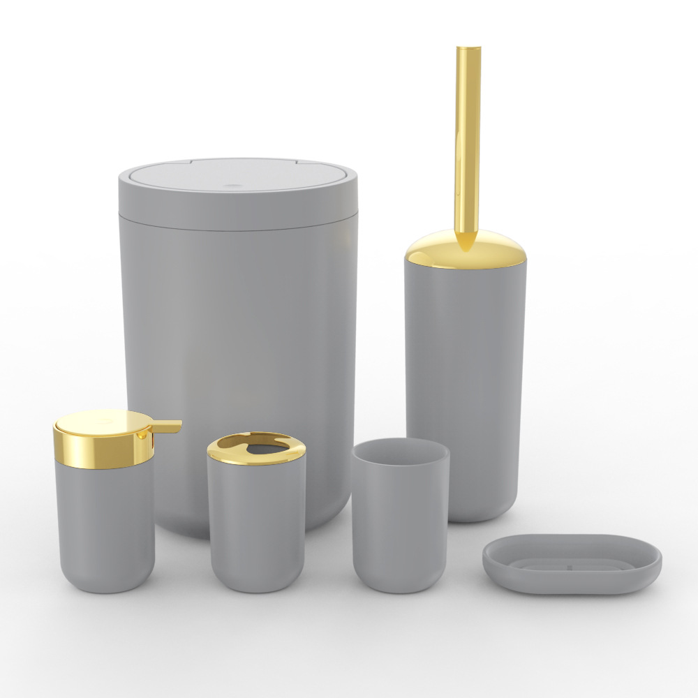 Plástico de color sólido chapado en oro seis piezas conjunto de cepillo de dientes caja de jabón cepillo de inodoro almacenamiento baño conjunto de lavado