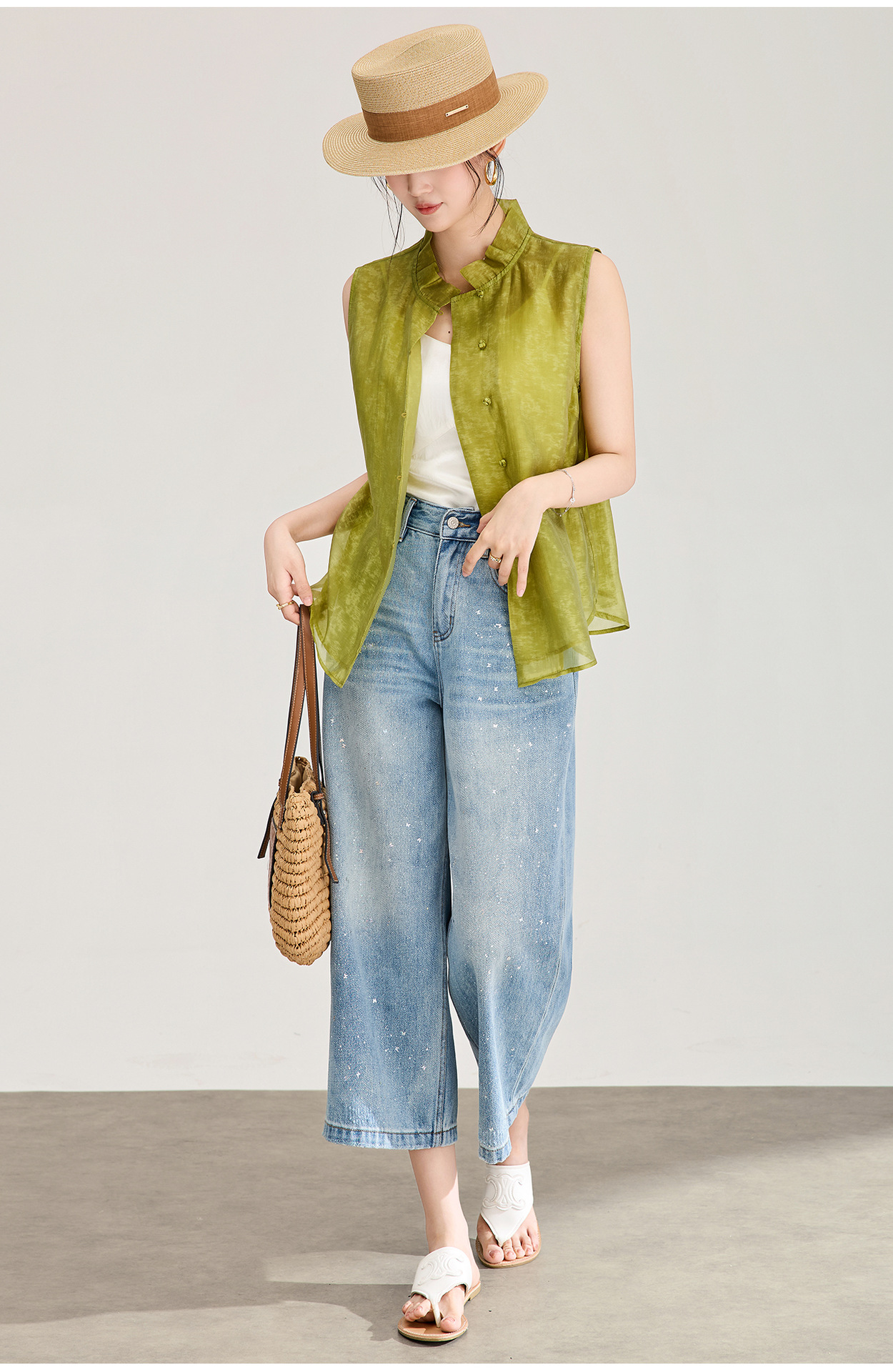Quần jean nữ ống rộng cạp cao chất cotton mài trắng phối sequin bướm — xanh lam chi tiết 6