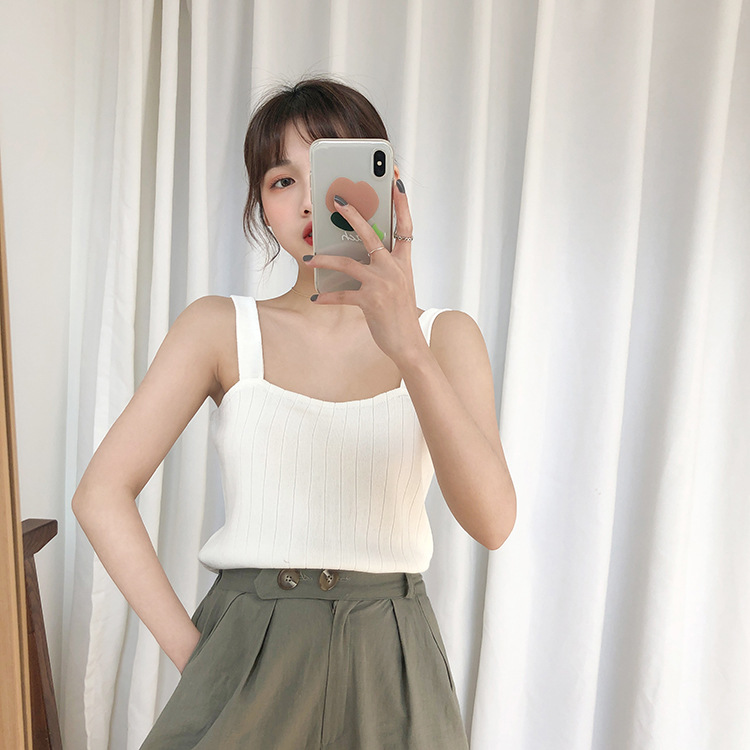 Refreshing knitted camisole top with bottom lining, short flat top, loose sleeveless vest, summer women's clothing_voghion.com
