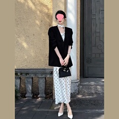 御姐风气质西服套装女2025秋季新款西装外套飘带波点连衣裙两件套