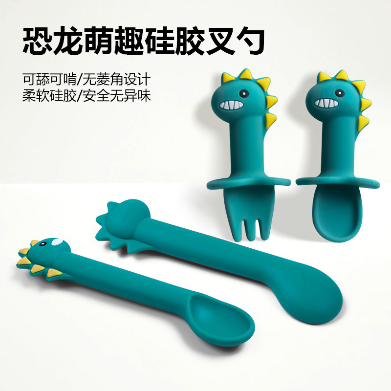 Factory Direct Sales Baby Silicone Spoon Baby Cartoon Soft Spoon Complementary Food Training Short Fork Spoon Children's Spoon Tableware