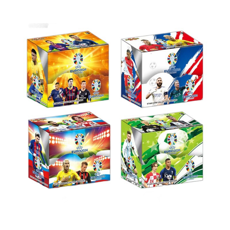 Tarjetas de fútbol estrella de la Copa del Mundo de dibujos animados Europa League Tarjetas de estrellas periféricas Tarjetas de inglés 36 paquetes de tarjetas láser