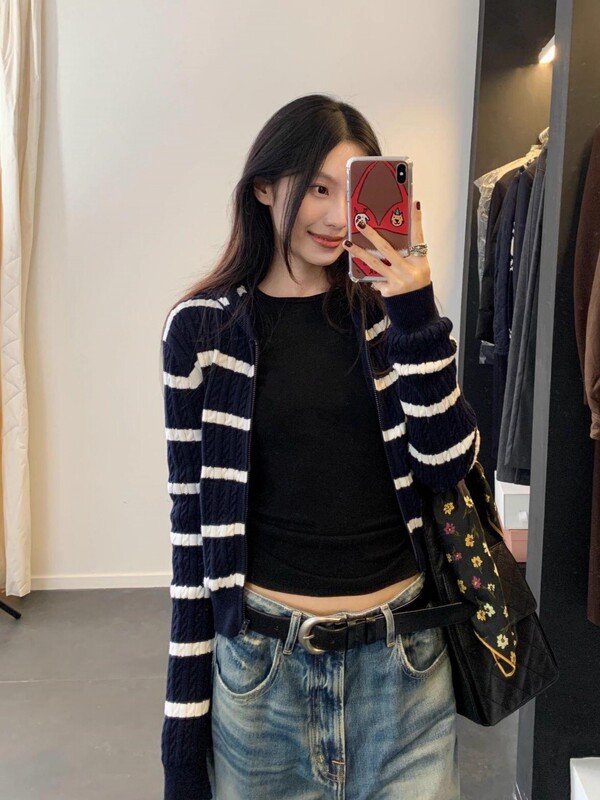 藏青色条纹连帽麻花针织开衫外套女韩系氛围感早秋季穿搭毛衣上衣|undefined