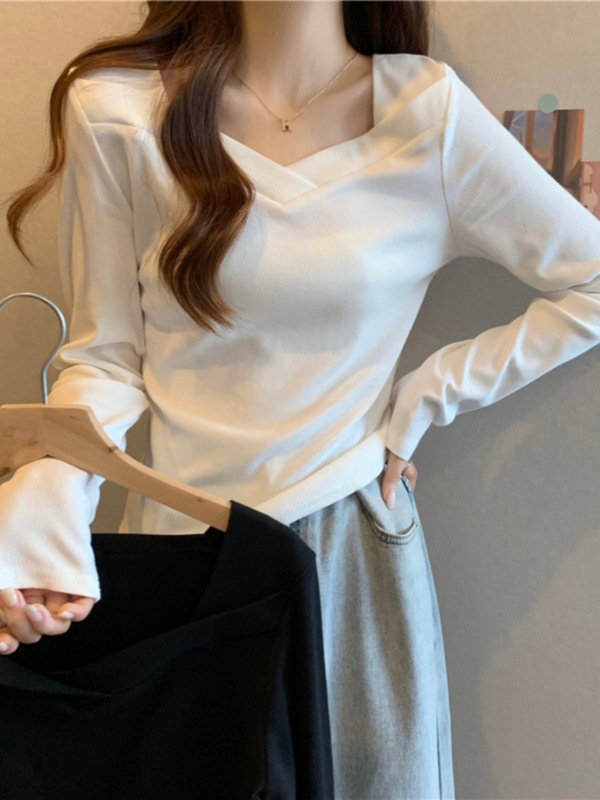 纯色简约V领长袖T恤女春秋磨毛打底衫韩版内搭修身显瘦上衣服|undefined