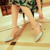 2024 spring and summer new pointed high -heeled shoes pearl beaded beads one word buckle in the middle empty heel women's shoes wholesale