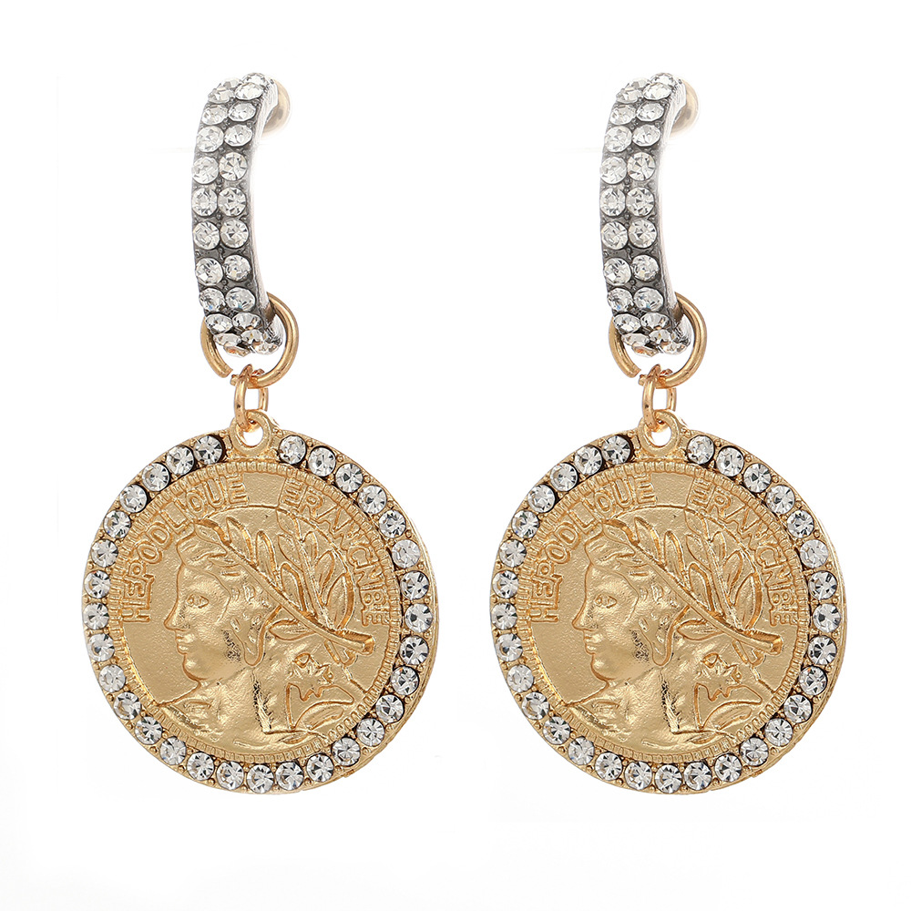 Fashion Round Coin Embossed Portrait Diamond-studded Earrings display picture 3