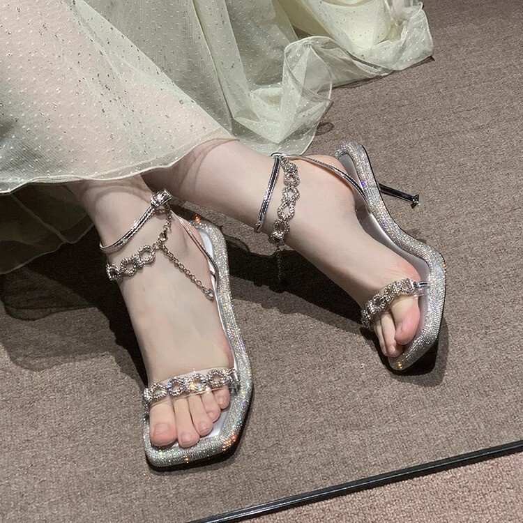 Beautiful stiletto heel high heels small beautiful sandals women's 2025 summer with skirt gentle rhinestone small silver shoes Beautiful stiletto heel high heels small beautiful sandals women's 2025 summer with skirt gentle rhinestone small silver shoes