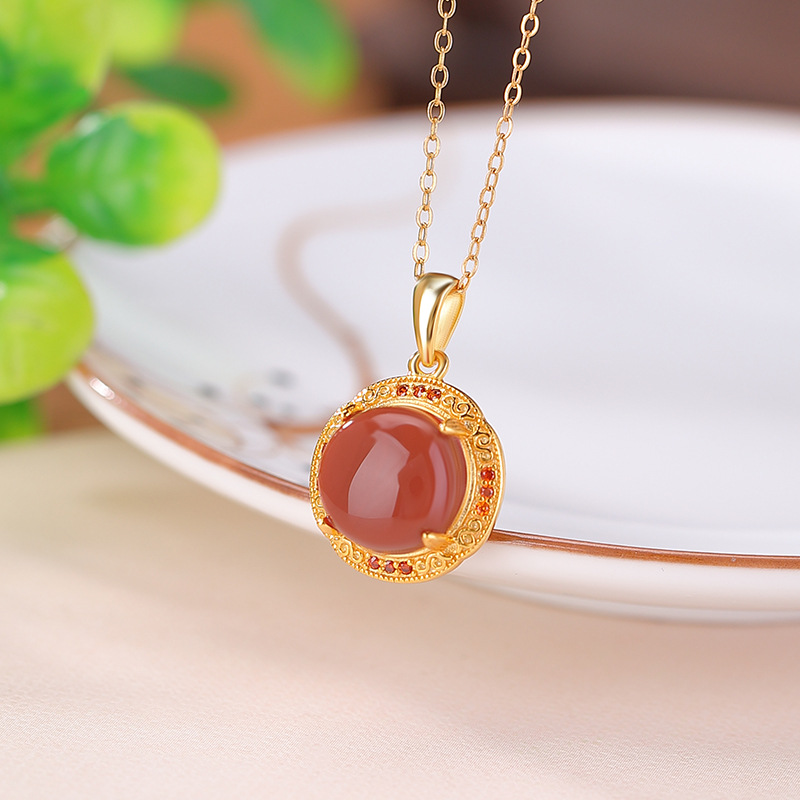 Mặt dây chuyền bạc S925 mạ vàng đỏ hình tròn rỗng hoa phương nam phong cách cung điện — Mặt dây chuyền đơn (không có dây chuyền)