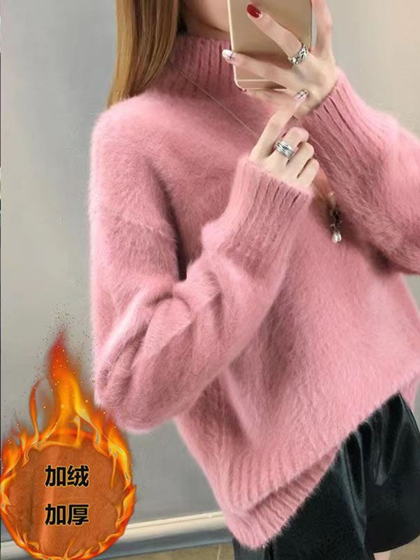 半高领毛衣女水貂绒秋冬季新款加绒加厚针织衫套头上衣宽松打底衫|undefined