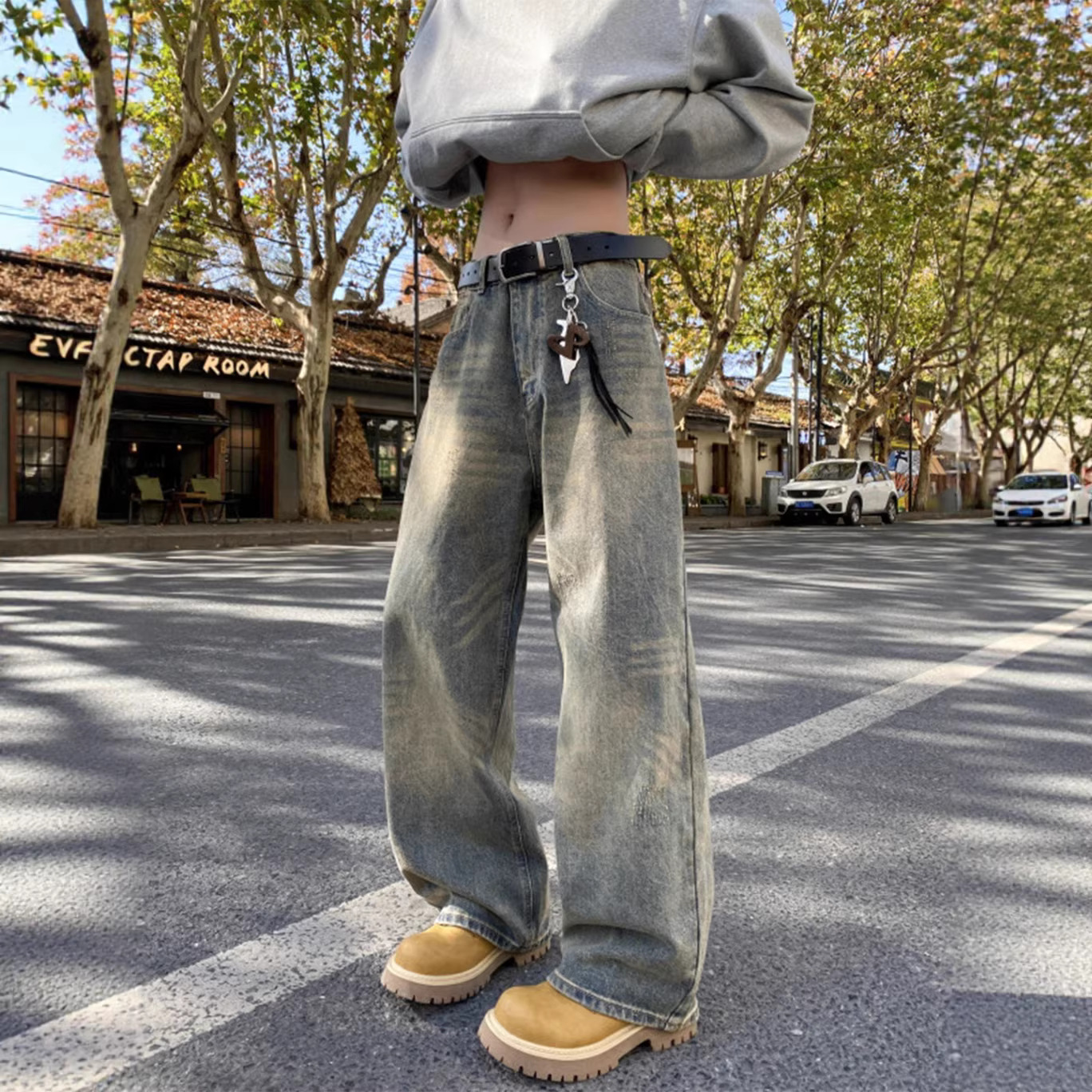Men's Retro Distressed Cement Yellow Wide Leg Jeans High Waisted Loose Fit Slimming Straight Leg Jeans New Style Machine Washable_mkmklike.com