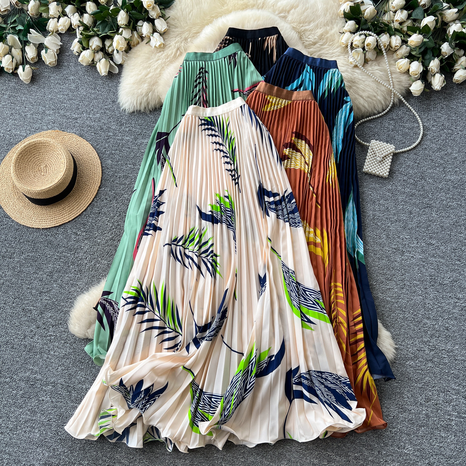 High Waisted Slimming Pleated Midi Skirt for Women French Style Printed A-Line Perfect for Summer Vacation And Work_ecoleips.com