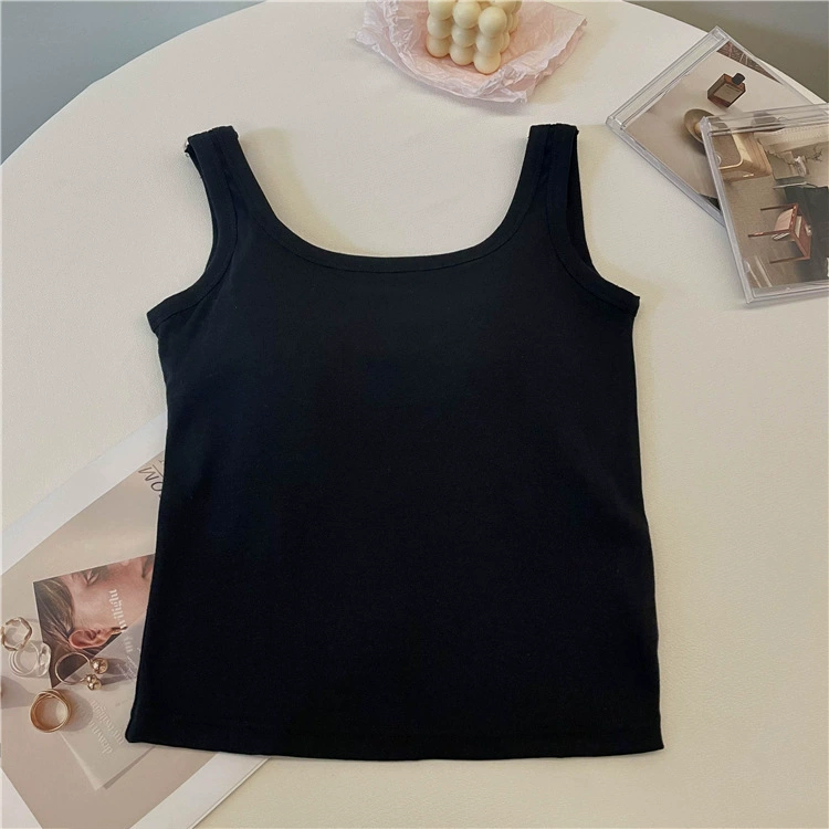 Cotton Sleeveless Tank Top (Women) with Built-in Cups, Square Neckline, Slim Fit, One Size
