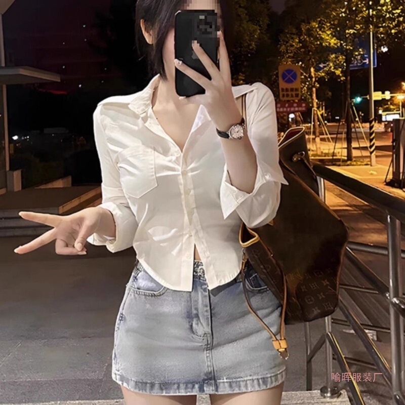 White Chiffon Shirt for Women, New Autumn Style, Outerwear Shirt with a Unique Design, Slim Fit, Short French-Style Cinched Waist Top