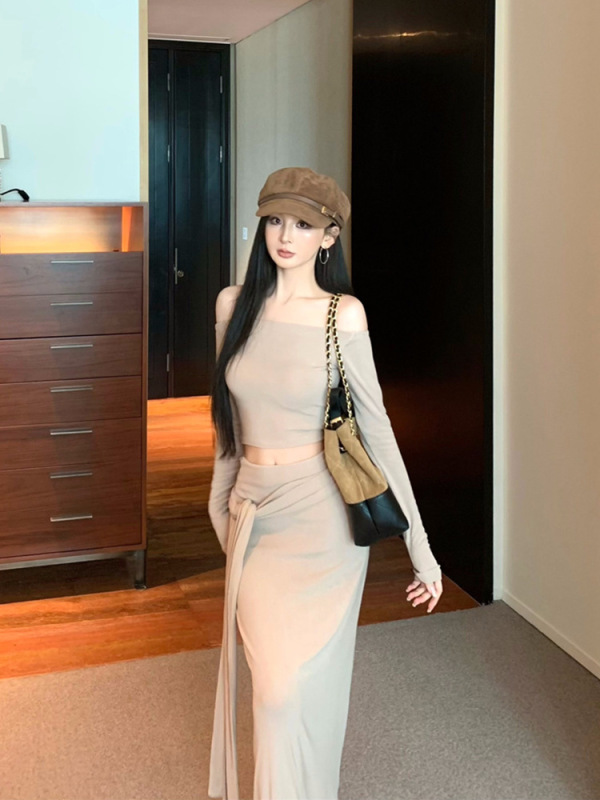 时尚套装气质辣妹一字肩上衣修身露肩长袖T恤设计感绑带半身长裙|undefined