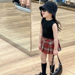 童裝 2024夏季韓版女童時髦辣妹風短款背心 女團格子半身裙JK裙子