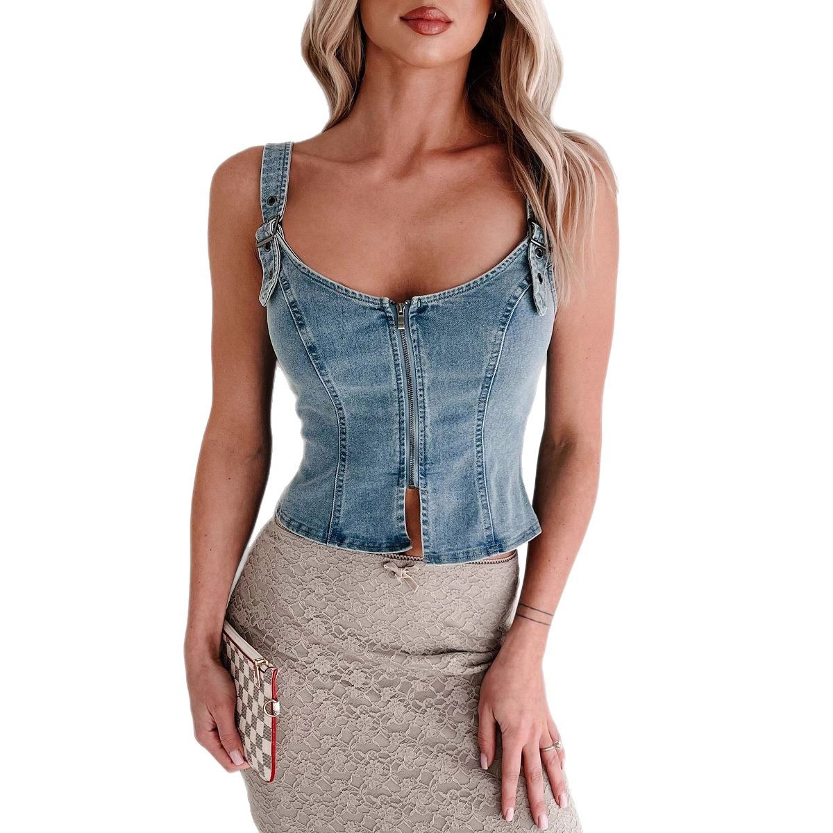 2025 Spring/summer New Women's Denim Cardigan Sleeveless Zipper Vest Small Suspender Top_ecoleips.com