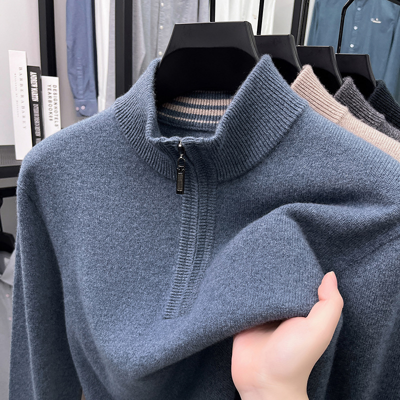 Outlet Clearance Cashmere Sweater for Men, Winter Thickened High-End Half-Zip Knit Base Sweater for Young and Middle-Aged Men