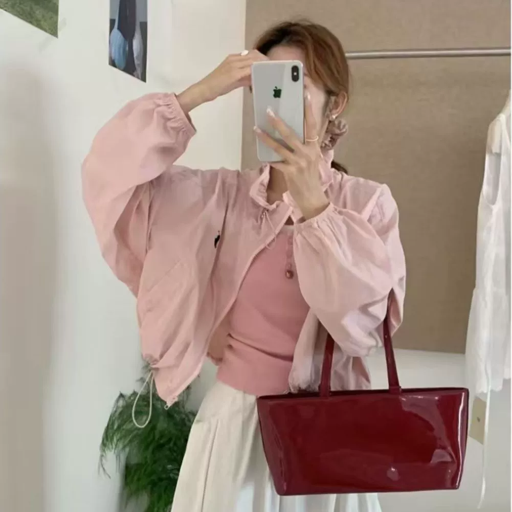 Thin jacket, long-sleeve, drawstring, with embroidery, sun protection, oversize