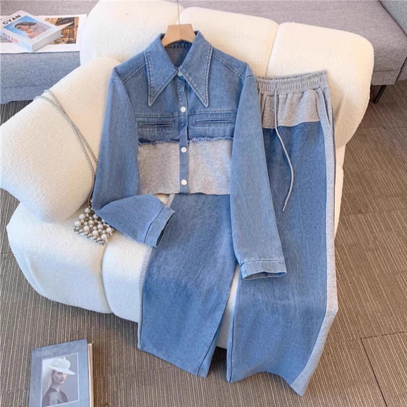 Denim Patchwork Casual Two-piece Set For Women Autumn Spring Fashion_voghion.com