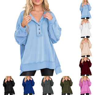 Amazon 2023 autumn and winter new women's round neck solid color button loose sweater long sleeve top for women