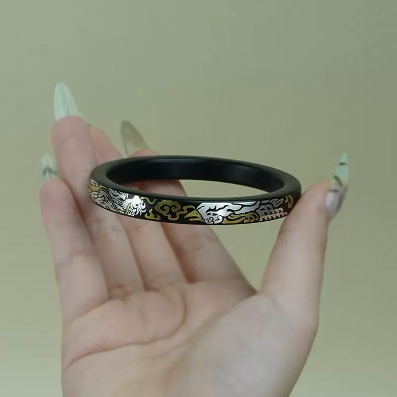 原创黑檀木镶银国风龙凤呈祥手镯紫光檀镶嵌铜方形实木镯子手饰品