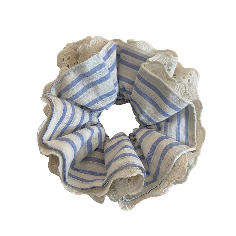 Encaje a rayas azul coreano, lazo para el cabello de intestino grueso de doble capa, temperamento, anillo de tela grande, accesorios para el cabello de bola en la parte posterior de la cabeza de las mujeres