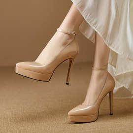 真皮防水台性感礼仪细跟尖头旗袍走秀高跟鞋漆皮红色新娘婚鞋12cm