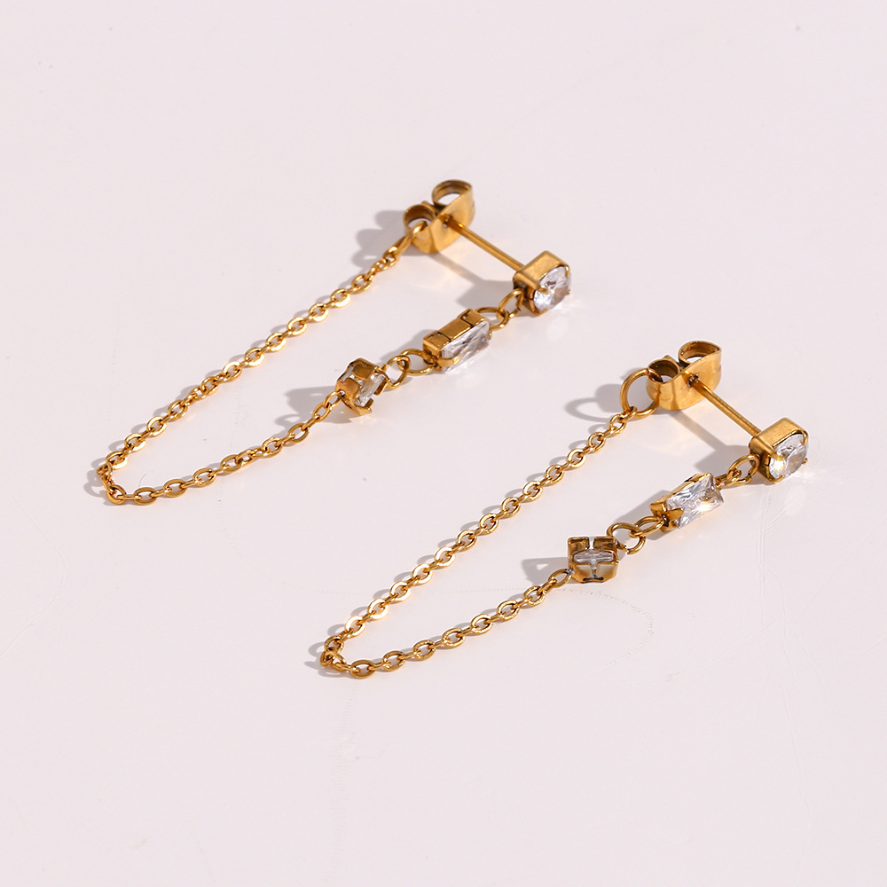 Fashion Womenu0027s Stainless Steel Square Geometric Zircon Chain Earrings
