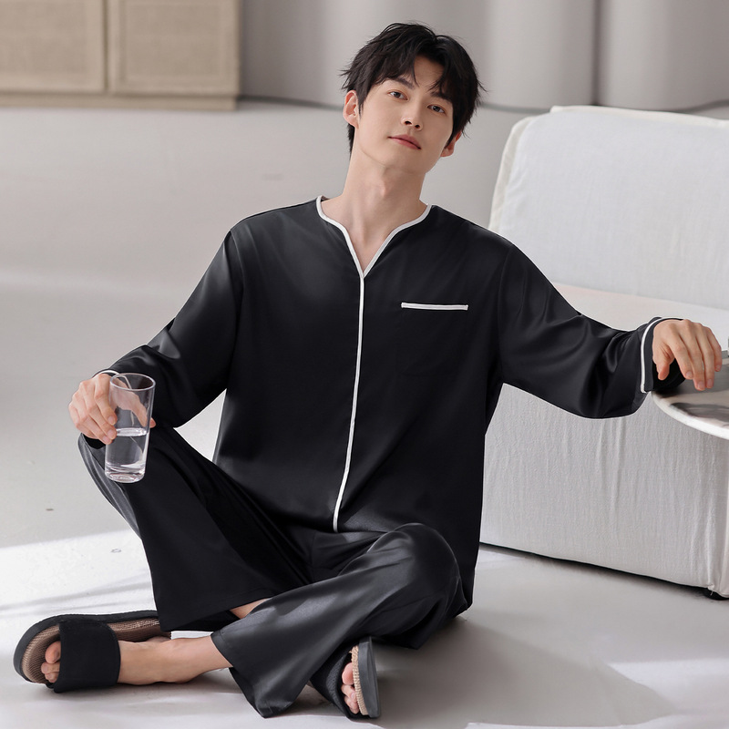 Ice Silk Men's Pajamas for Autumn and Winter, Long-Sleeved and Long-Pants, Solid Color Pullover, Casual Plus-Size, Stylish and High-End Loungewear