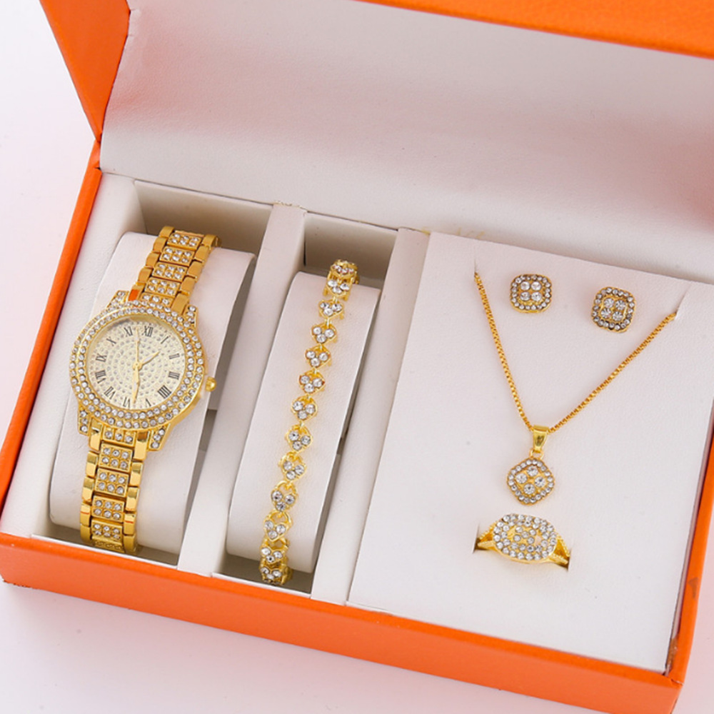 Nuevo producto para mujer 5pcs/set moda de nicho todo fósforo falso traje de reloj de cuarzo con cinturón de acero de tres ojos