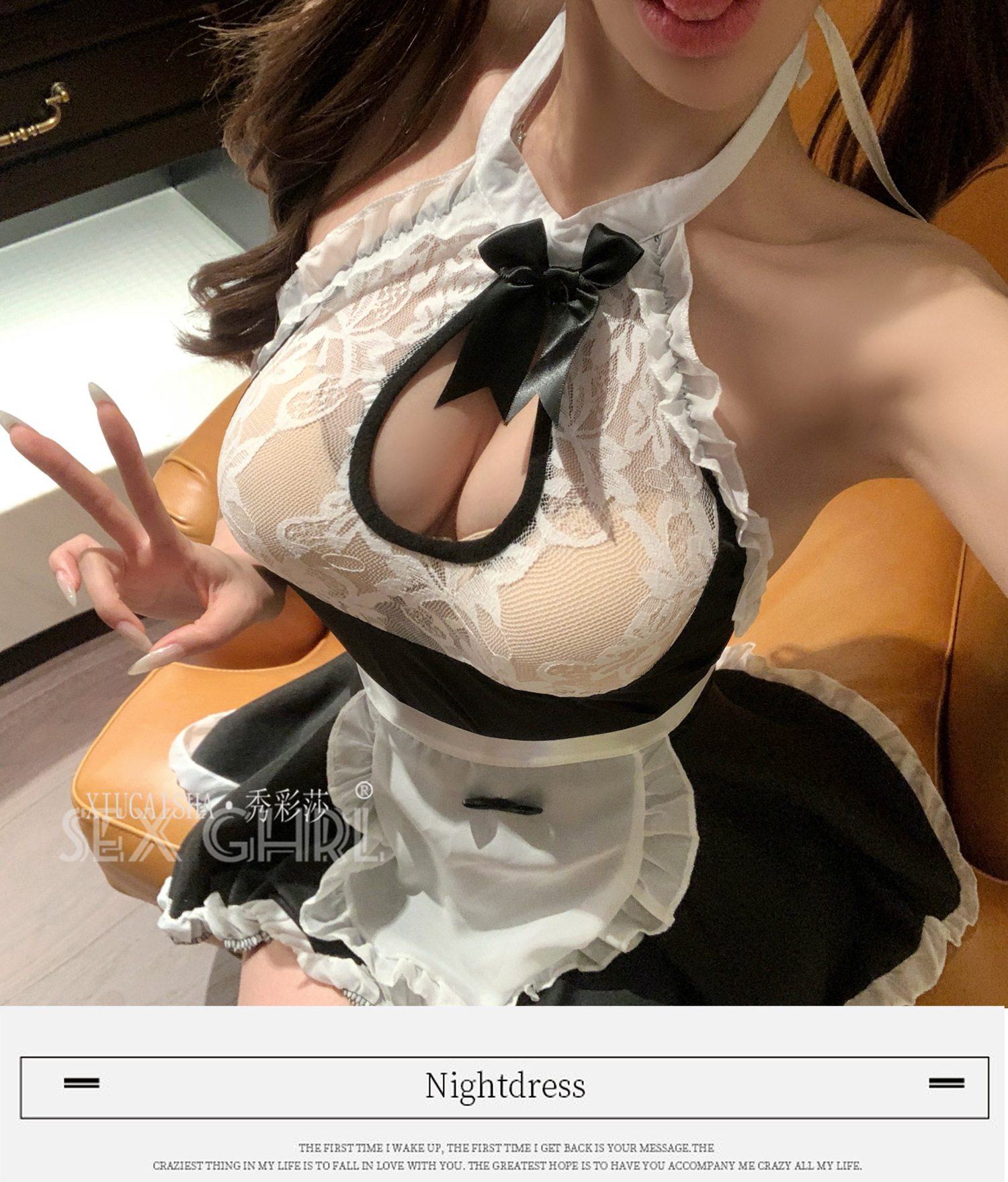 Maid Roleplay Lingerie Set with Lace See-Through Top, Cat Ear Headband and Stockings — detail image 8