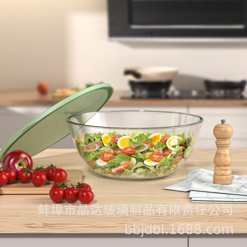 Mint green sealed lid large-capacity round glass salad bowl with wide open rim design, prevents spilling when mixing, suitable for home use