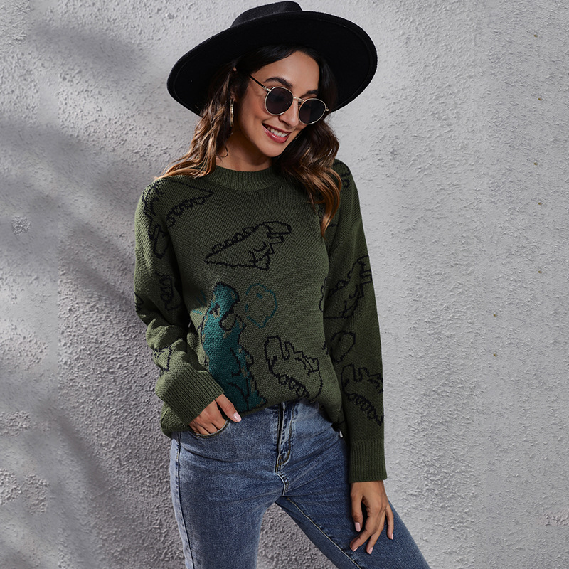 Long-Sleeved Round Neck Cartoon Dinosaur Jacquard Knitted Sweater NSGBS93015