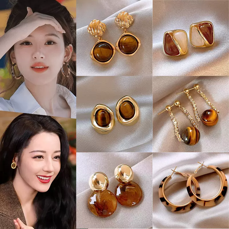 爆款美拉德复古咖色耳环女港风轻奢气质高级感耳圈网红同款耳饰品