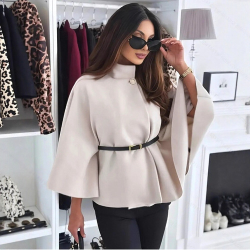 European and American clothing, winter fashion, elegant solid color waist strap woolen cape coat