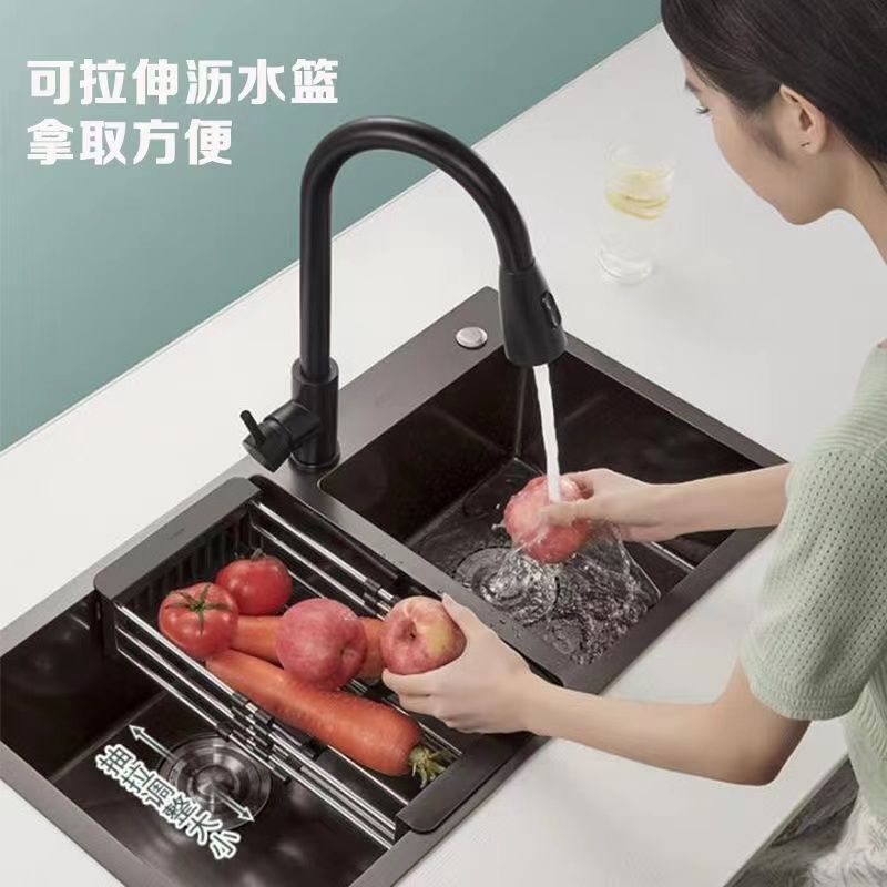 W acero inoxidable negro nano fregadero de lavado de verduras de tanque único grande conjunto completo de un conjunto completo de mesa en la mesa bajo la presión de enfriamiento de la cuenca