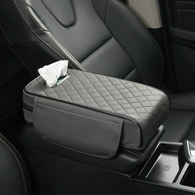 Armrest box pad: Car Memory Foam Armrest Box - gray-8cm-heightening-pad-storage-bags-on-both-sides-tissue-box