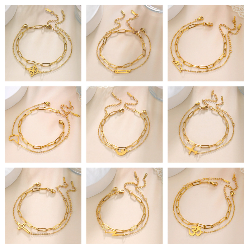 European and American Explosions Personalized Fashion Titanium Steel Lightning Aircraft Paw Print Moon Cat Yoga Symbol Cross Double Layer Bracelet