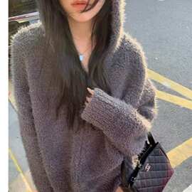 （不起球）秋冬新款连帽针织开衫女宽松慵懒风显瘦拉链毛衣外套