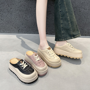 Genuine Leather Half-Slip Sandals for Women 2025 Summer Small Thick-Soled Heightening Baotou Slippers for Women Cut Out Slippers for Women