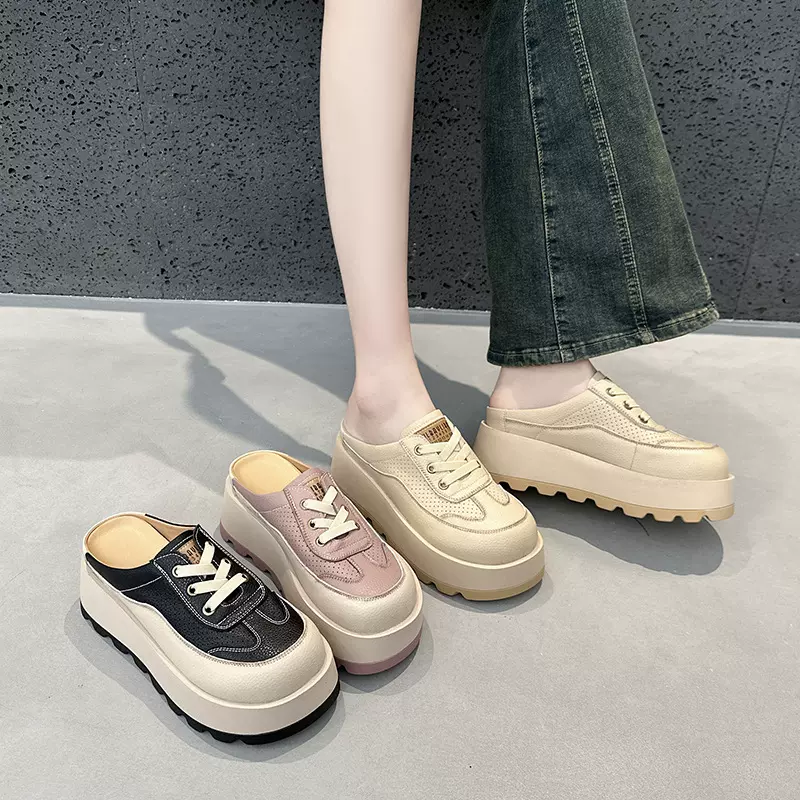 真皮半拖凉鞋女2025夏季小个子厚底增高包头拖女鞋镂空拖鞋女款