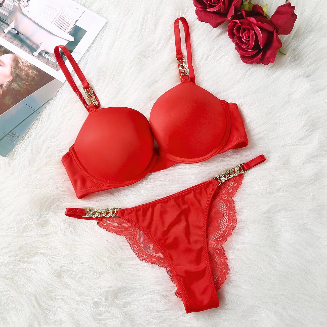 Salvaje sexy brillante flor negro personalidad cadena textura sujetador grueso Copa superior Soporte ropa interior de las mujeres soporte superior sujetador ajustable