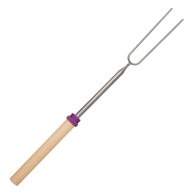 Outdoor Bbq Cross-Border Exclusive Stainless Steel Telescopic Barbecue Fork, 8-Color Hot Dog Fork, U-Shaped Wooden Handle Grill Fork, In-Stock for Grilling