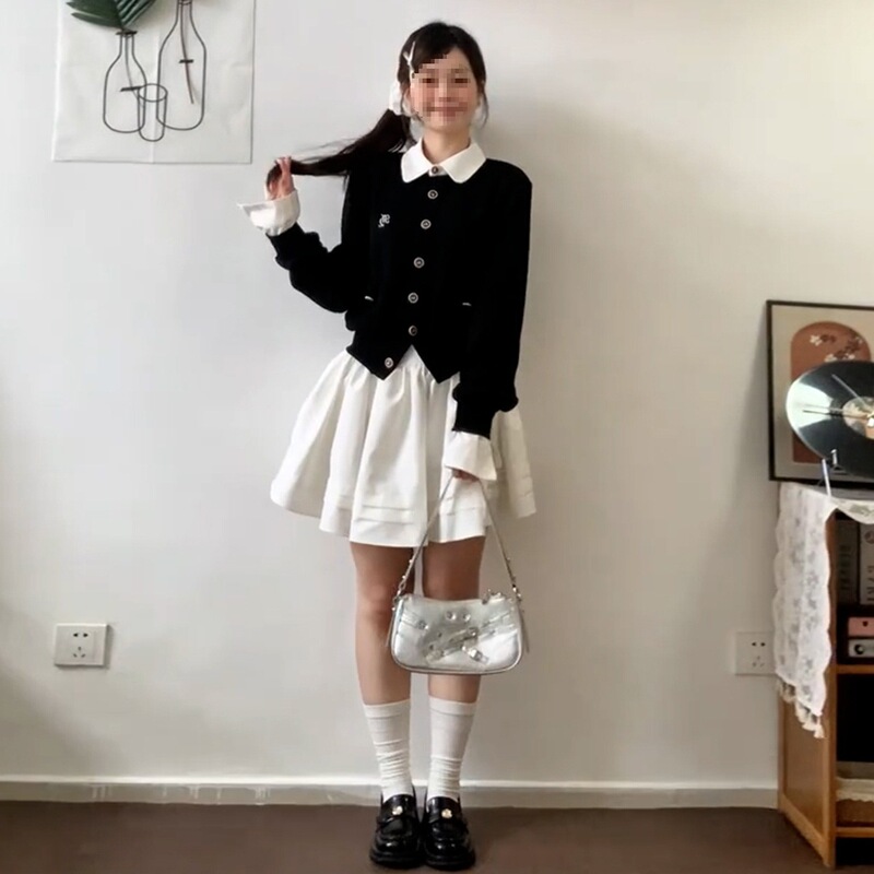 跨境假两件针织开衫连衣裙子女早秋季5新韩系千金小香风穿搭套装|undefined