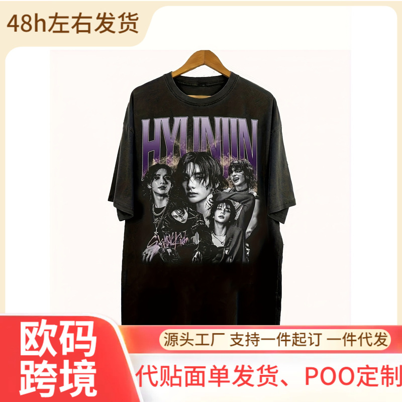 【European Size Cotton T-Shirt】90S Retro K-Pop Bootleg Style Stray Hyunjin Printed T-Shirt - Eye-Catching H 【European Size Cotton T-Shirt】90S Retro K-Pop Bootleg Style Stray Hyunjin Printed T-Shirt - Eye-Catching H