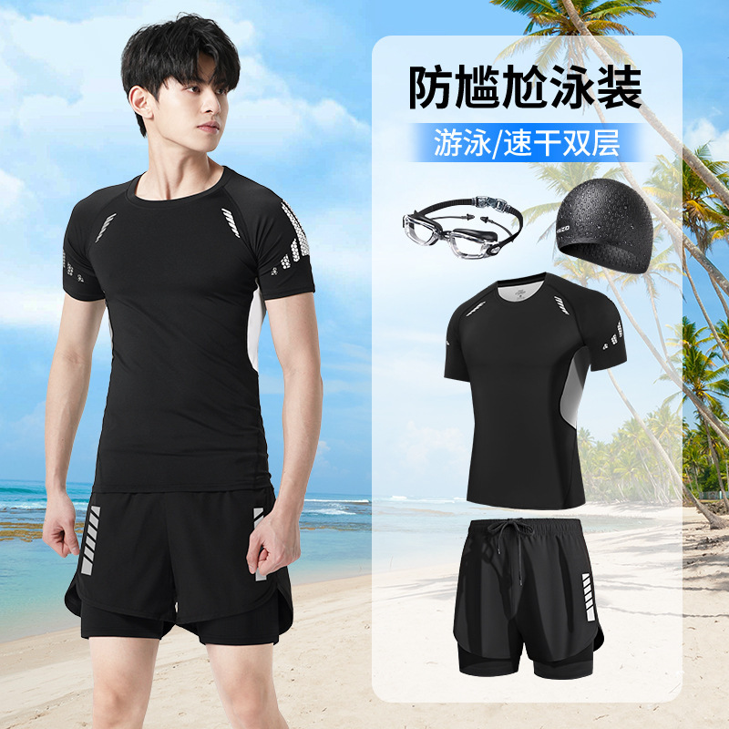 J32 technology gray black short sleeves + dk70 black shorts + swimming cap + swimming goggles