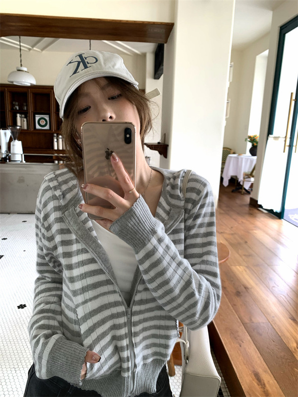 条纹连帽长袖针织衫外套女2025秋季新款韩系显瘦短款开衫上衣chic|undefined