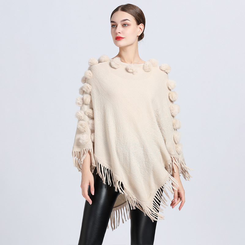 Cape à pompon en poils de lapin pour femme, pull à col rond_voghion.com