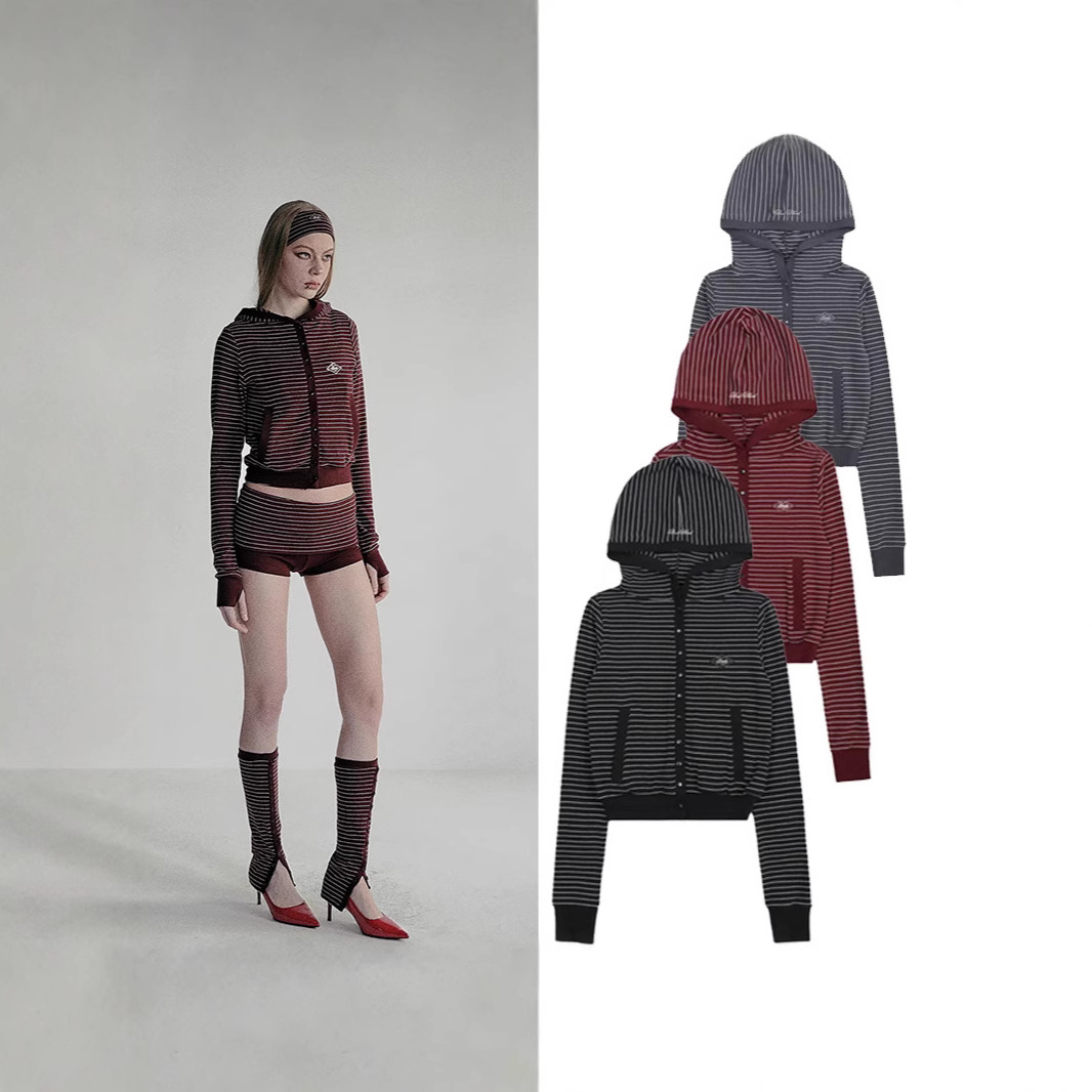 Bad Blood Subtle Striped Ultra Soft Hooded Sweatshirt for Women, Hot Girl Embroidered Short Cardigan, 2025 Spring New Arrival